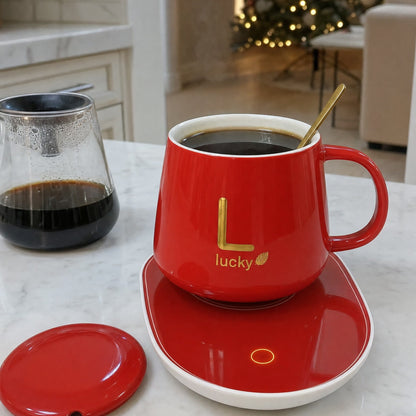 Cozy Mug in red keeping coffee hot on its warmer