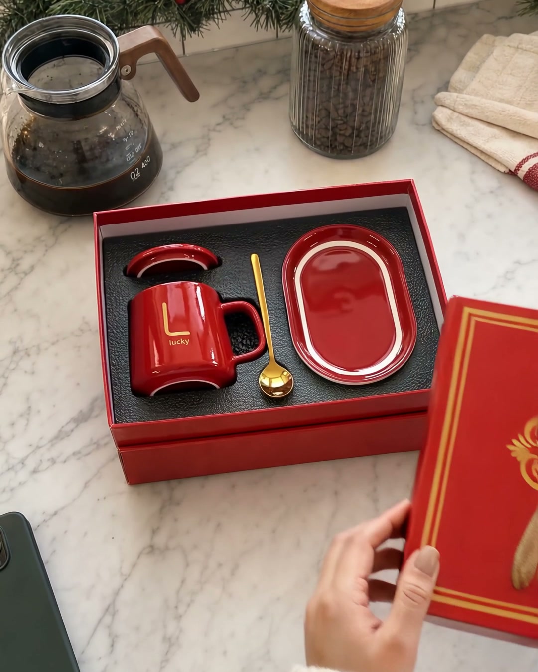Heated mug gift set opened in its red gift box