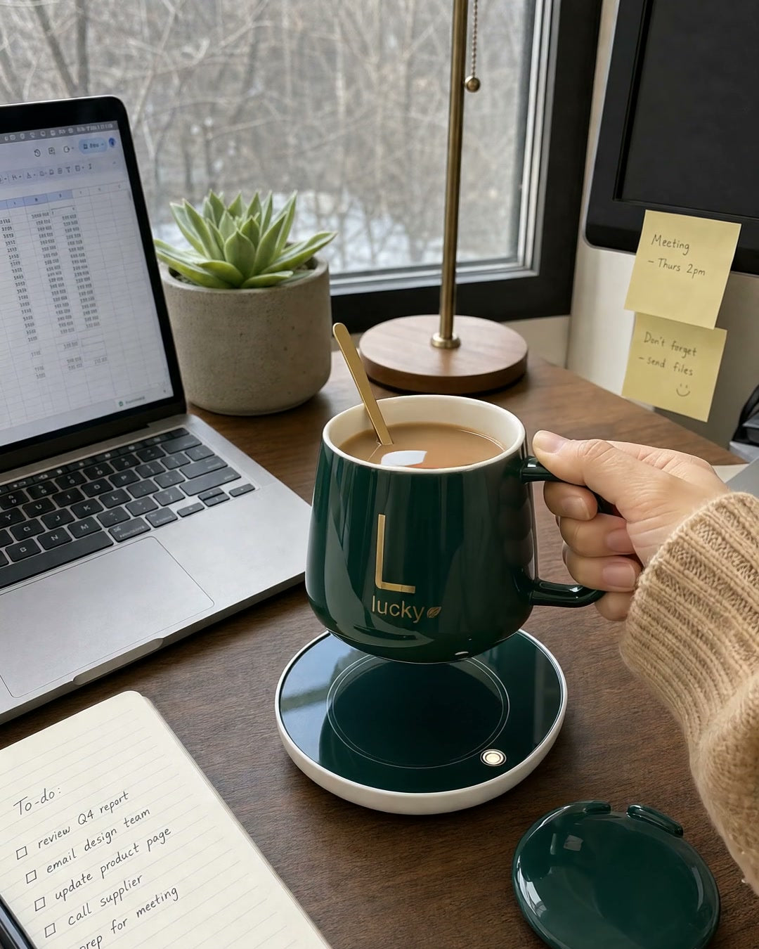 Green heated mug on a home office desk