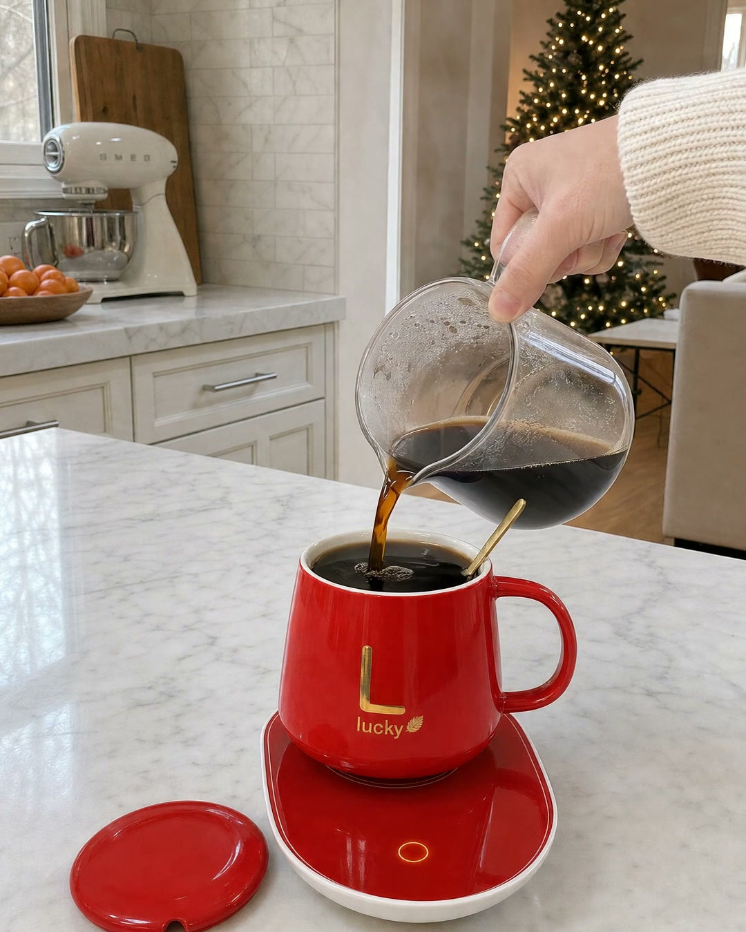 Red heated mug keeping coffee hot on its warmer